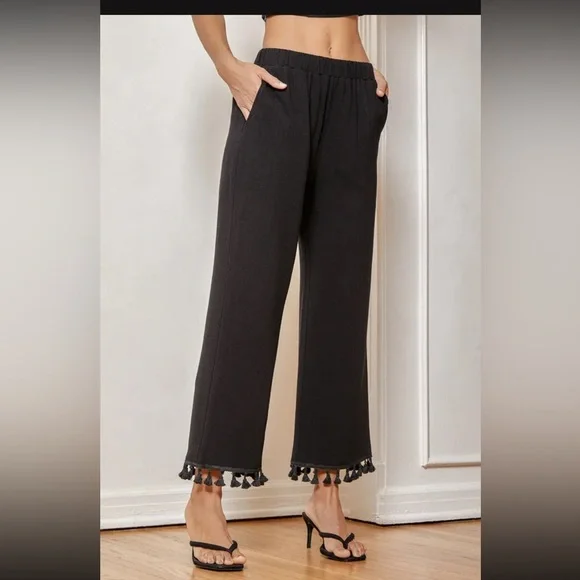 Linen Blend One Shoulder Tassel Crop Top & Wide-Leg Pants Set - Like New - Picture 7 of 17